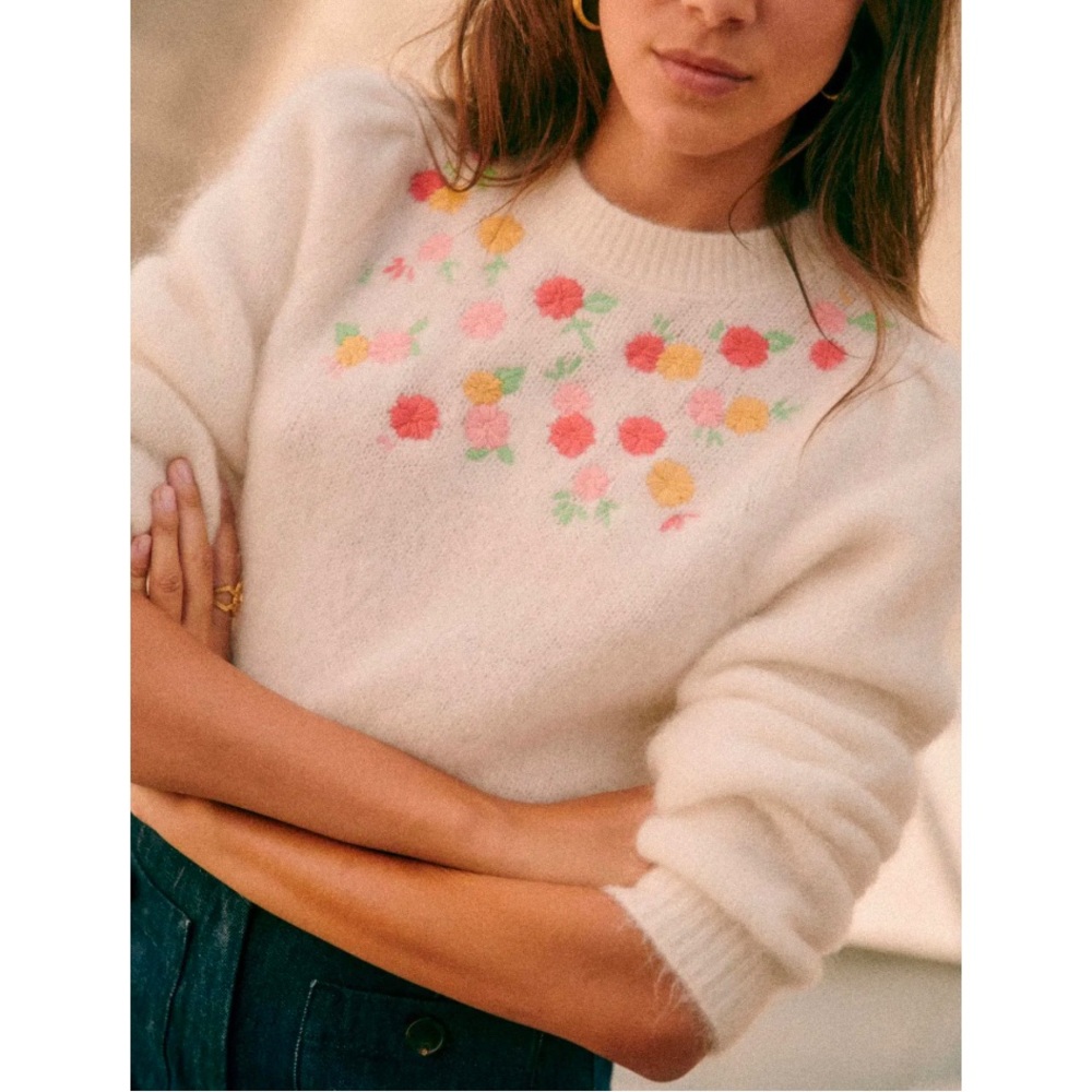 Sezane Cream Floral Knit Sweater with Pink and Yellow Accents